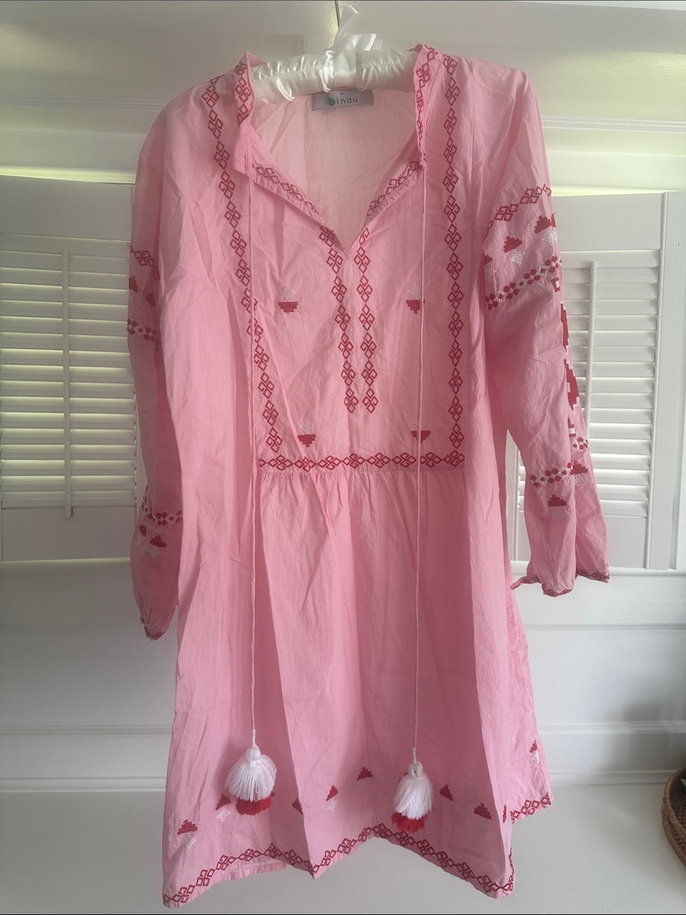 Pink Embroidered Cover Up Dress with Red Embroidery and Tassels